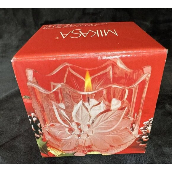 NEW 1990s Mikasa Festive Poinsettia Votive Candleholder Crystal Cut Glass - Picture 10 of 13